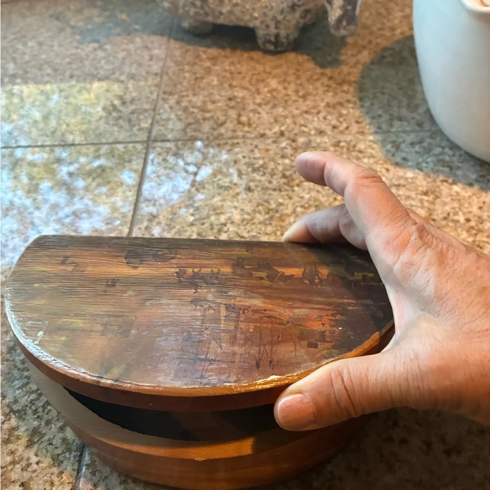 Italian Cedar Trinket Box with Old World Decopauge Scene Boats Port Cows Horses